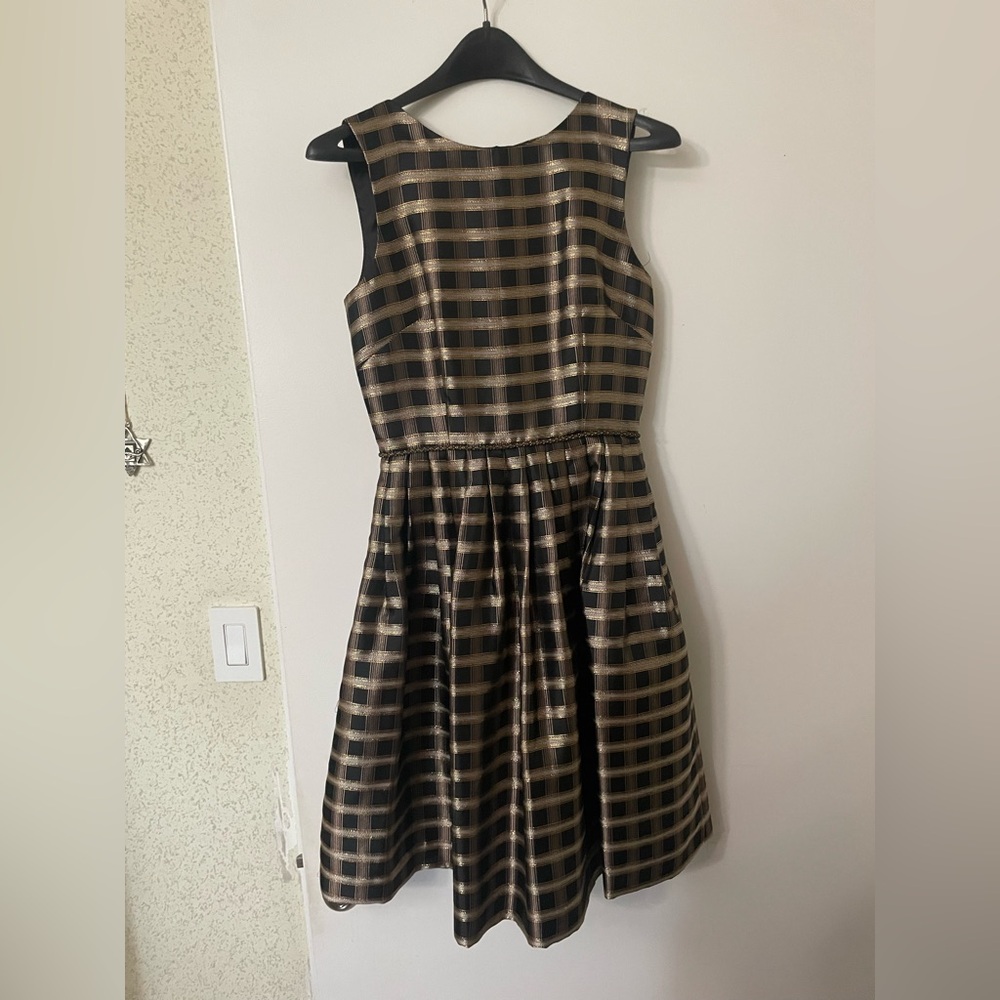 Tahari ASL Black and Gold Pleated Midi Dress